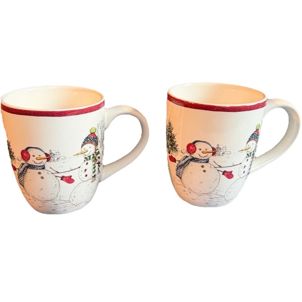 Williams Sonoma Snowman Winter Coffee Mugs 14oz RARE  2004 Set Of 2